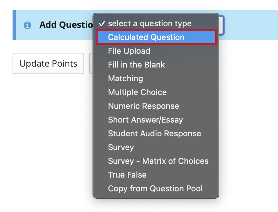 Select Calculated Question from drop-down menu.